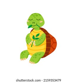 Cartoon sea turtle eating leaves on branch isolated marine underwater animal cute funny aquatic personage. Vector reptile, nautical tortoise with comic face, aquarium pet, turtle mascot cute reptile