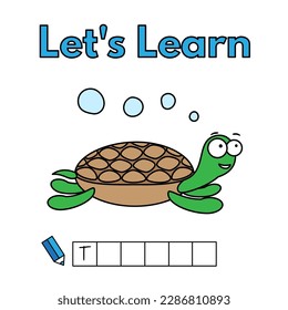 Cartoon sea turtle learning game for small children - write the word. Vector illustration for kids