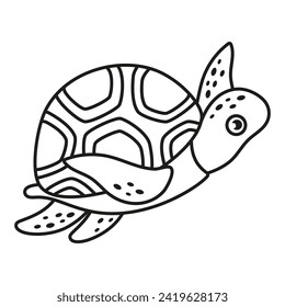 cartoon sea turtle in line art style, black and white undersea animal, flat vector illustration isolated on a white background