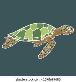 Cartoon sea turtle. Realistic drawing with a detailed mosaic pattern on the shell and fins. Side view. Migratory aquatic tortoise in motion. Image of a turtle in brown-green colors with a white stroke