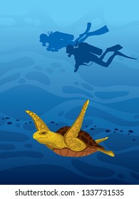 Cartoon sea turtle and silhouette of two scuba divers on a deep blue ocean background. Vector tropical illustration with underwater marine wildlife. Underwater nature and water sport. 