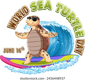 Cartoon sea turtle surfing a wave with style.