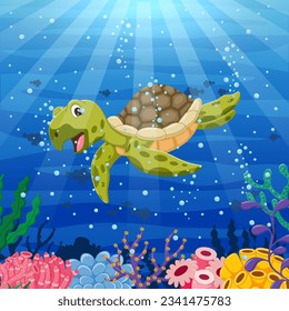 Cartoon sea turtle swimming in the ocean. Vector illustration
