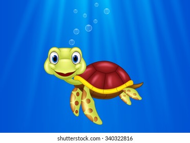 Cartoon sea turtle swimming in the ocean