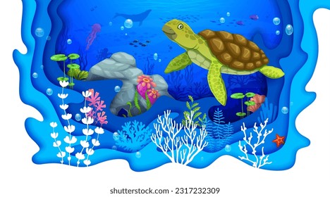 Cartoon sea turtle and underwater paper cut landscape. 3d vector picturesque background with intricate papercut design features a lively marine colorful ecosystem and reef life inside of wavy frame