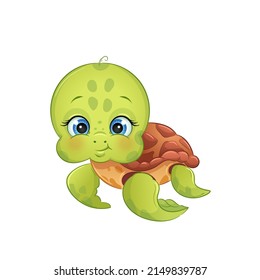 Cartoon sea turtle, vector illustration. Cute ocean animals, isolated white background.