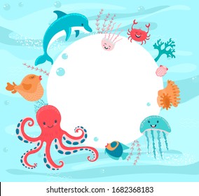 Cartoon sea underwater animals fish, crab and starfish, octopus and jellyfish, and dolphin with coral, shell above big white banner illustration, vector. Design ocean or marine wildlife. Funny scene