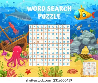 Cartoon sea underwater animals and landscape. Word search puzzle game. Crossword grid quiz vector worksheet with octopus, dolphin, turtle, crab and squid funny characters, sunken ship and submarine