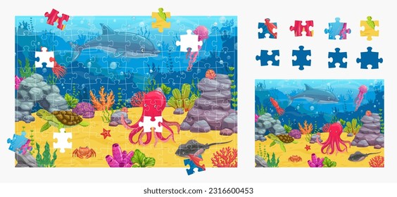 Animales submarinos de dibujos animados y paisaje. Piezas de juego de rompecabezas. Pieza de juego puzzle niños preguntas hoja de cálculo vector con cangrejo, pulpo, pez estrella y tortuga, medusas, animales de mar delfín