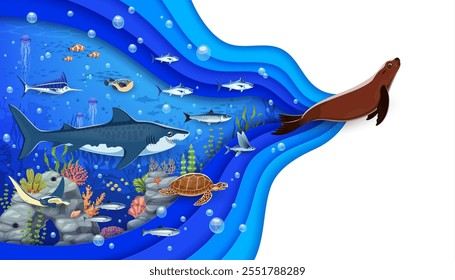 Cartoon sea underwater animals and ocean landscape with paper cut waves, seal, shark and marine life. 3d vector banner, ocean depth teeming with vibrant coral and fish, turtle, stingray and seaweeds