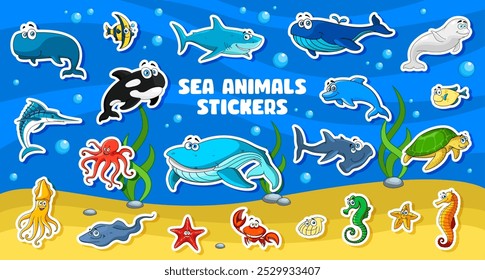 Cartoon sea underwater animals stickers pack. Vector cute whale, shark, turtle, dolphin, octopus and crab. Seal, seahorse, starfish or stingray with playful faces on seafloor with bubbles and seaweed