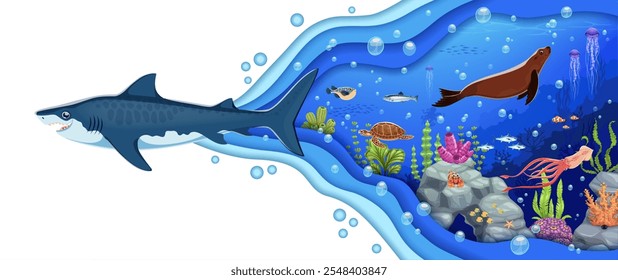 Cartoon Meer Unterwasserlandschaft mit Tieren und Meerespapier schneiden Wellen mit schwimmenden Hai. Vektor 3D Papierschnitt Kunst mit Meeresraubtier, Robbe, Korallen und Schildkröte, Förderung des Umweltbewusstseins