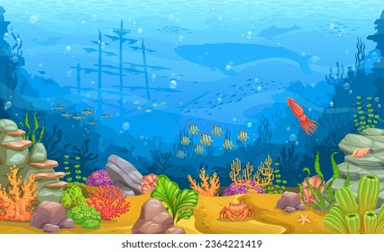 Caricatura sobre el paisaje submarino. Fondo del mundo del agua marina, animal marino y plantas o fauna marina, fondo vectorial de la escena de la fauna silvestre profunda de los fondos marinos con barco hundido, ballena, siluetas de palas de pescado, calamar, algas marinas