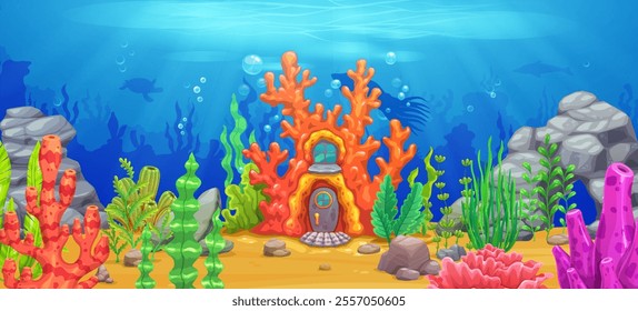 Cartoon sea underwater landscape with reef coral house, game background. Vector gaming location level with vibrant reefs, marine flora and enchanting aquatic life, captures the beauty of ocean depths