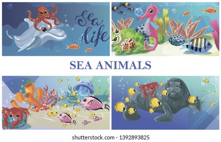 Cartoon sea underwater life concept with dolphin octopus seahorse seal crab jellyfish fishes seaweeds vector illustration
