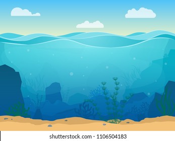 Cartoon Sea Underwater Nature Scene Color Background Web Flat Design with Seaweed and Sand Place for Text. Vector illustration of Undersea Landscape