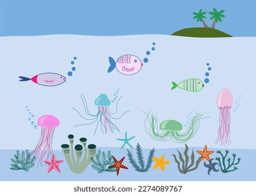 Cartoon Sea Underwater Nature Scene Color Background Web Flat Design with Fish, Seaweed, jellyfish, seastars and Sand