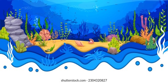 Cartoon sea underwater paper cut landscape with seaweeds, seashells, corals and reefs. Vector ocean bottom, blue water waves, marine animals, bubbles, fish and dolphins with 3d layered papercut border