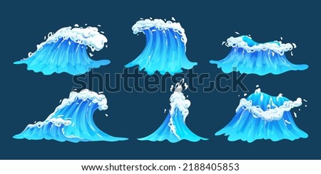 Cartoon sea waves collection. Set of blue ocean waves with white foam vector illustration