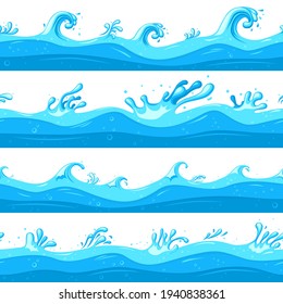 Cartoon sea waves. Ocean flow, game wave flat clipart. Cartoon blue sea or river surface, water splashes shapes recent vector seamless pattern