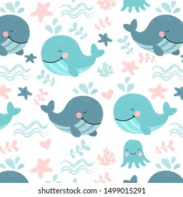 Cartoon sea whales illustration. Pattern for textile or greeting cards. Valentine`s Day cute pattern.