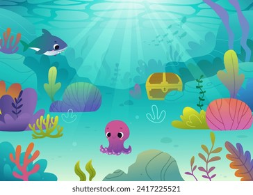 Cartoon seabed with cute sea animals. Bright vector underwater seascape with plants and baby animals.