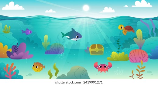 Cartoon seabed with cute sea animals. Colorful vector underwater seascape with algae and baby animals.