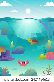 Cartoon seabed with cute sea animals. Bright vector underwater ocean floor with plants and baby animals.	