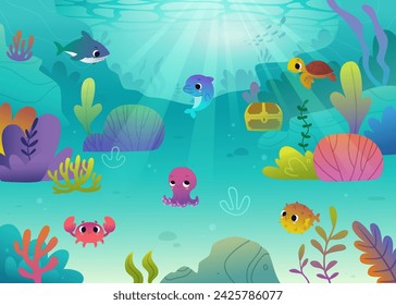 Cartoon seabed with cute sea animals. Colorful vector underwater seascape with algae and adorable animals.