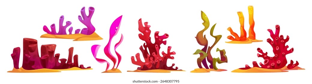 Elementos do fundo do mar de desenhos animados - formações coloridas de corais no fundo do oceano arenoso, plantas subaquáticas e algas marinhas onduladas. Coleção de cenários marinhos exóticos para jogos de aquário ou ilustrações temáticas oceânicas.