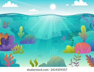 Caricatura sobre el paisaje de los fondos marinos. Colorido fondo marino de verano. Fondo submarino con plantas brillantes.