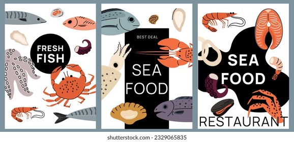 Cartoon seafood cards. Marine products banners. Fresh restaurant delicacies. Tasty fish and oyster. Natural ocean squid. Lobster and mussels. Tuna or salmon cooking