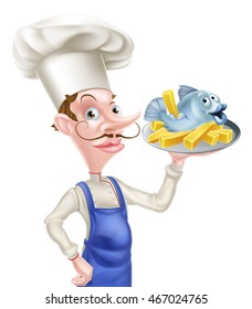 A cartoon seafood chef holding a platter or plate with fish and chips on it.