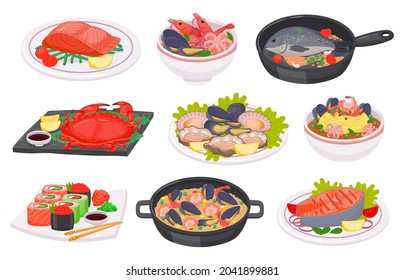 Caricatura de mariscos con pescado, pulpo, gambas y filete de salmón. Sushi, cangrejo, ensalada, sopa y fideos con comida de mar en placa, conjunto vectorial. Comida deliciosa con ingredientes marinos