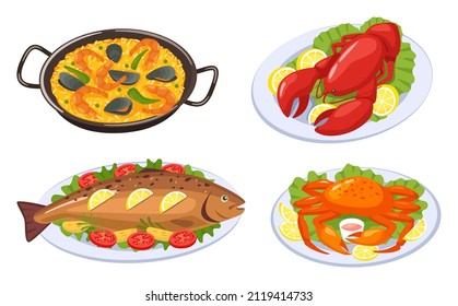 Cartoon seafood dishes. Lobster, crab, baked fish and paella with shrimps, mussels. Delicious food for restaurant or cafe menu. Crayfish with lemon slices vector set. Healthy luxury dish