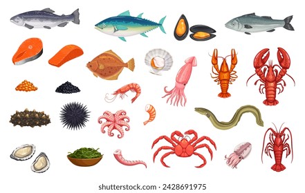 Caricatura de mariscos y pescado, vector de alimentos. Camarones, langostas y cangrejos, ostras y mariscos, calamares, pulpos y cangrejos de río, vieiras, mejillones y caviar. Pepino de mar, atún, anguila, trucha y gambas, algas, erizo