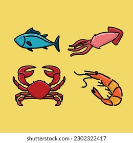 Cartoon seafood. Fresh fish, crab and tuna. Raw products for shop or restaurant. Healthy food as shrimps and squids for delicacy dishes. Aquatic creatures for market vector set