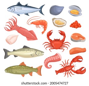 Cartoon seafood. Fresh fish, oyster, lobster, red tuna, salmon, octopus, shrimp, squid. Raw sea animal gourmet food products vector set. Cafe or restaurant menu with seafood cuisine