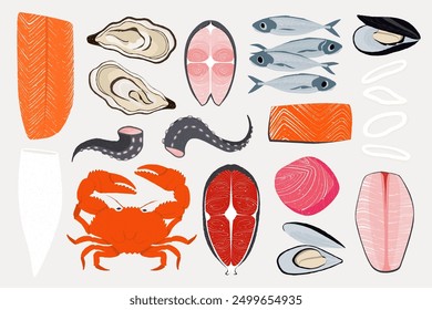 Cartoon seafood. Hand drawn marine fish and shellfish, doodle octopus squid crab oyster mussels for restaurant menu. Vector isolated set.