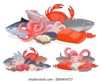 Diseño de caricaturas de productos del mar para menú, cartel de tienda o paquete. Pile con peces oceánicos, langosta, ostras y cangrejo. Conjunto de vectores de alimentos marinos. Publicidad para restaurante o tienda con marisco