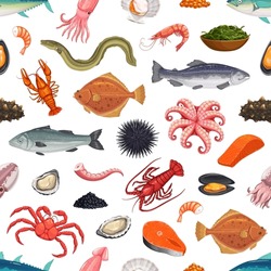Cartoon Seafood Seamless Pattern With Vector Fish And Sea Animals. Sea Food Background Of Crab, Lobster, Shrimp And Squid, Salmon, Tuna And Eel. Mussel, Scallop And Caviar Backdrop, Seafood Restaurant