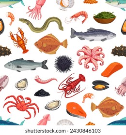 Cartoon seafood seamless pattern with vector fish and sea animals. Sea food background of crab, lobster, shrimp and squid, salmon, tuna and eel. Mussel, scallop and caviar backdrop, seafood restaurant