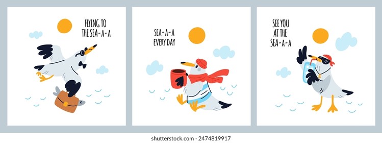 Cartoon seagull cards. Funny sailor birds in hat, bandana and sunglasses. Cute text with wordplay. Ocean mascot. Summer travel. Marine flying animals. Sea vacation