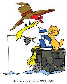 Cartoon Seagull and a Cat gone fishing.