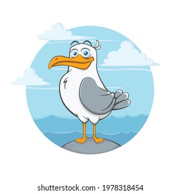cartoon seagull character with background