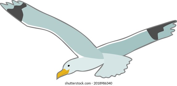 Cartoon seagull in flight with spreading wings isolated on white background