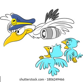 Cartoon seagull flying like an airplane vector illustration