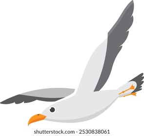 Cartoon seagull flying with spread wings, isolated vector illustration. Minimalist drawing of a seagull soaring, side view