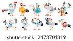 Cartoon seagull. Funny sailors captain seagulls. Cute sea adventures characters in costumes. Ocean birds in active poses. Classy childish vector clipart