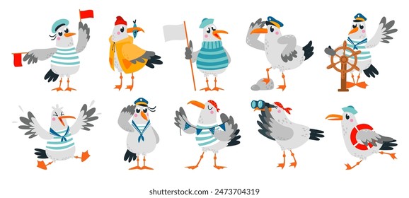 Cartoon seagull. Funny sailors captain seagulls. Cute sea adventures characters in costumes. Ocean birds in active poses. Classy childish vector clipart